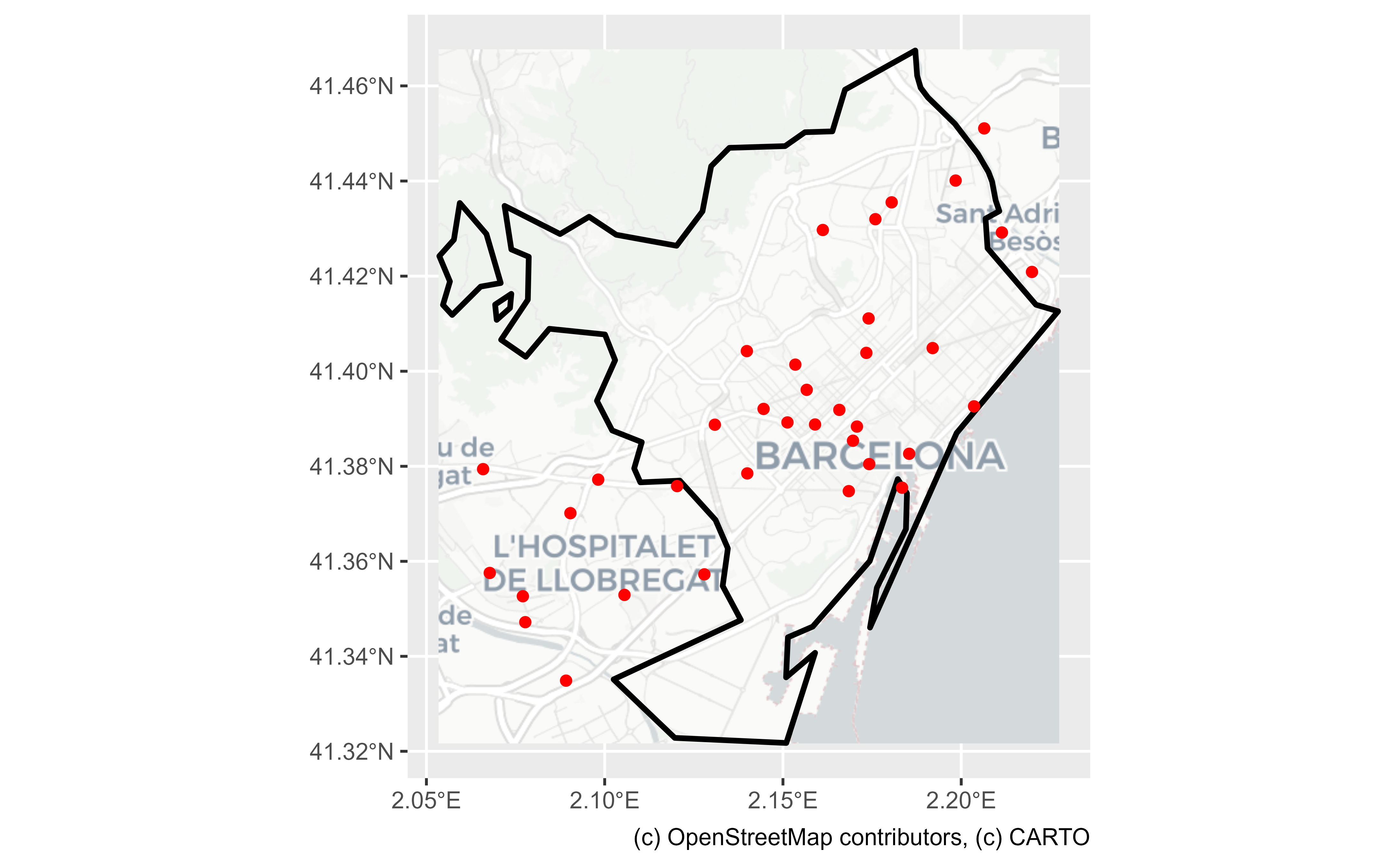 A map showing the location of McDonald's restaurants in Barcelona, Spain, over an image provided by Carto DB