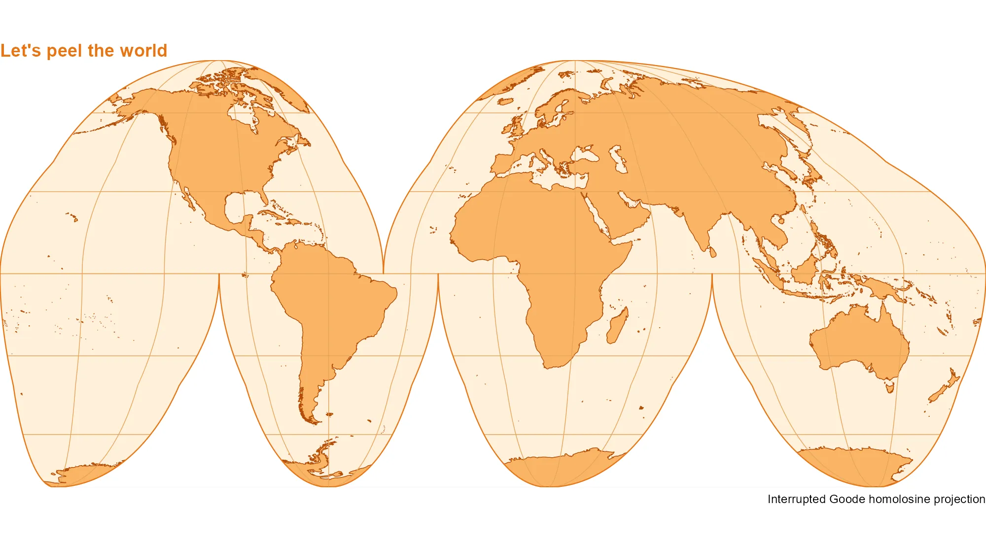 World map with orange coastlines and graticules in the interrupted Goode homolosine projection, resembling a flattened orange peel.
