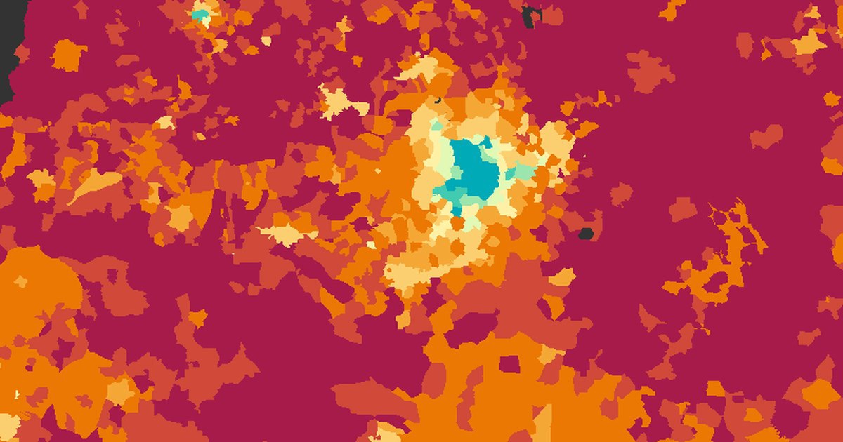 Raster map with irregular areas in magenta, orange, yellow and turquoise.
