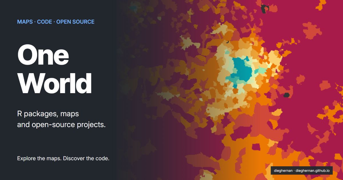 One World. R packages, maps and open-source projects by dieghernan, with a raster map in magenta, orange, yellow and turquoise.