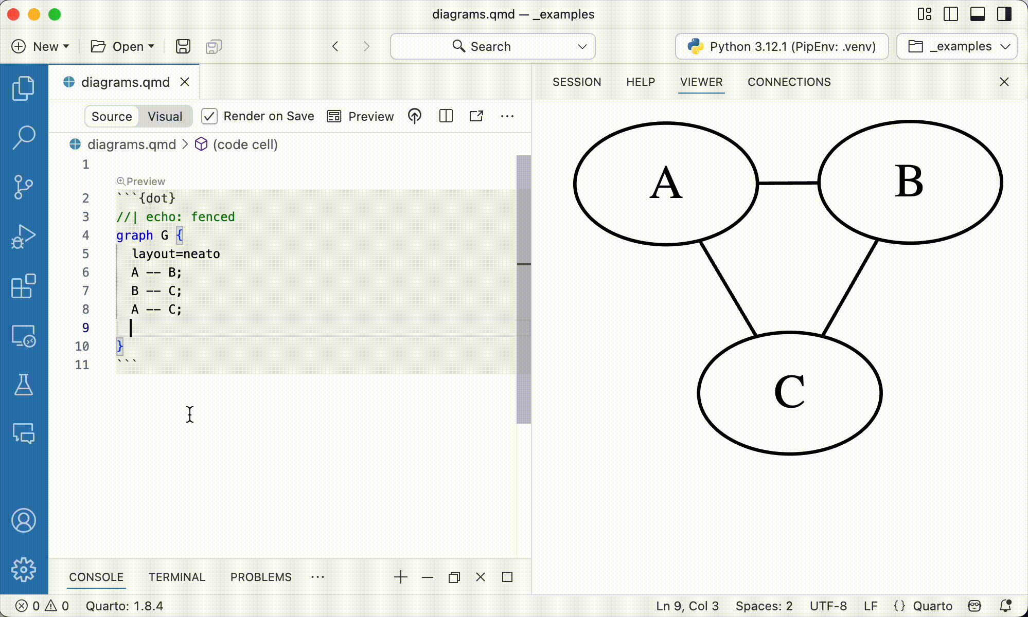 A Quarto document being edited in Positron, with a live preview of the currently edited diagram shown in a pane to the right