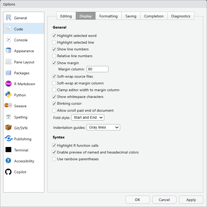 RStudio Options for Screenshots