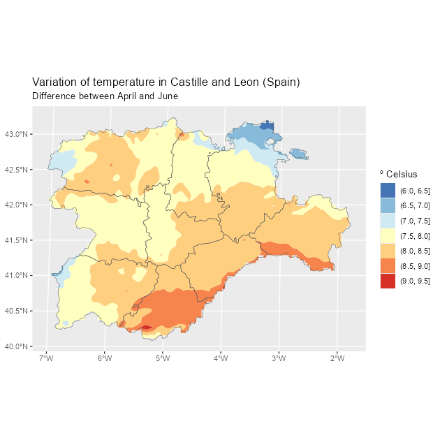 Contour map of temperature variation with a SpatVector overlay