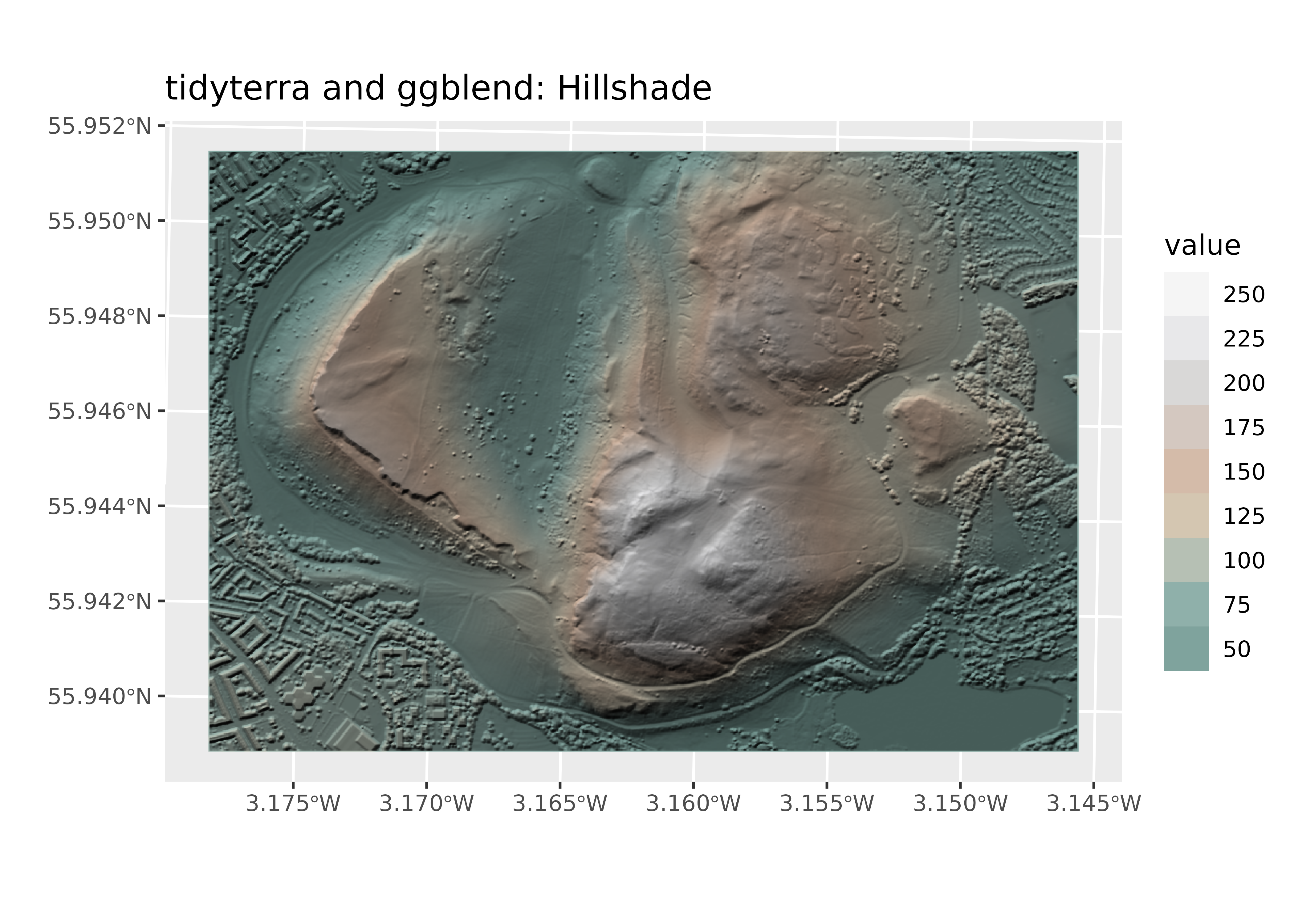 Map of Holyrood Park with a grayscale hillshade blended with a colored elevation raster to highlight terrain relief.