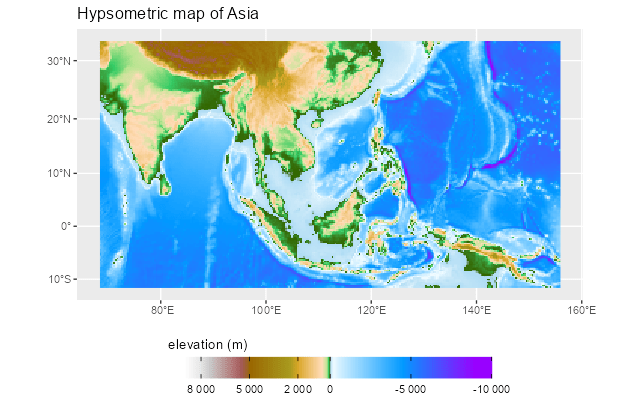 Map of Asia including hypsometric tints